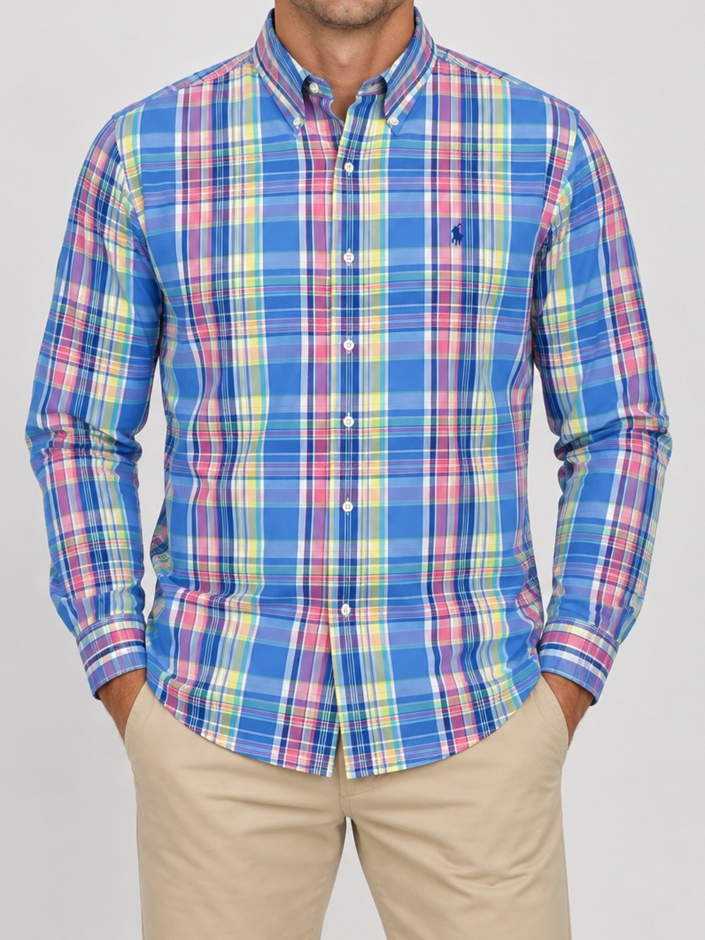 Ralph Lauren Performance Long Sleeve Plaid Button Down Shirt Blue Pink Yellow L